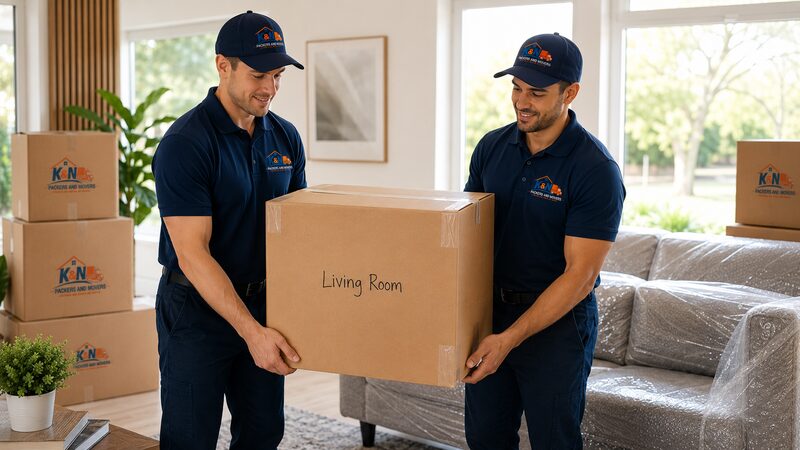 K&N professional movers in branded uniforms carefully packing household items