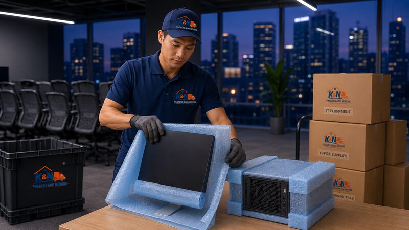 K&N technician carefully packing IT equipment and servers for office relocation