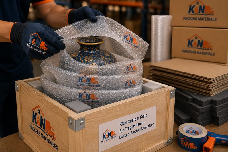 K&N specialist wrapping fragile antique vase in bubble wrap inside a custom wooden crate