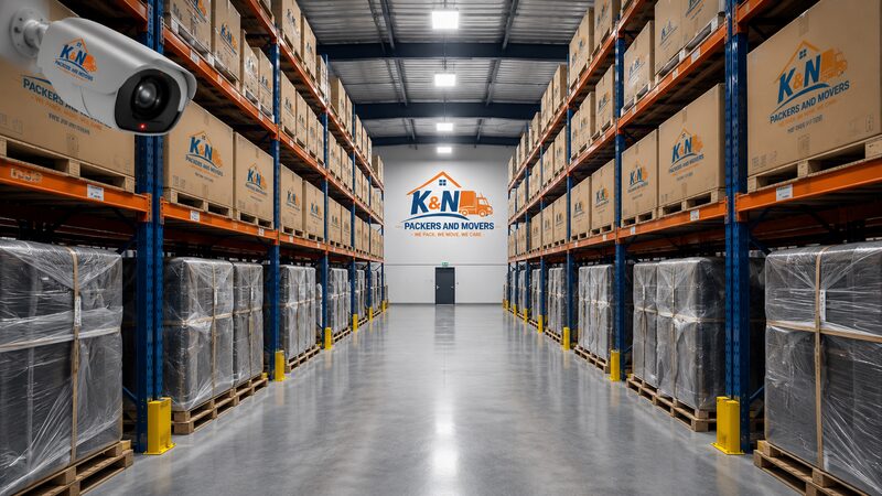 K&N secure 24/7 monitored warehouse with branded boxes on industrial shelves