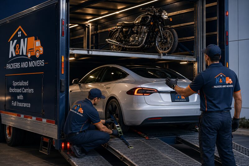 K&N crew loading car and motorcycle onto enclosed K&N transport carrier